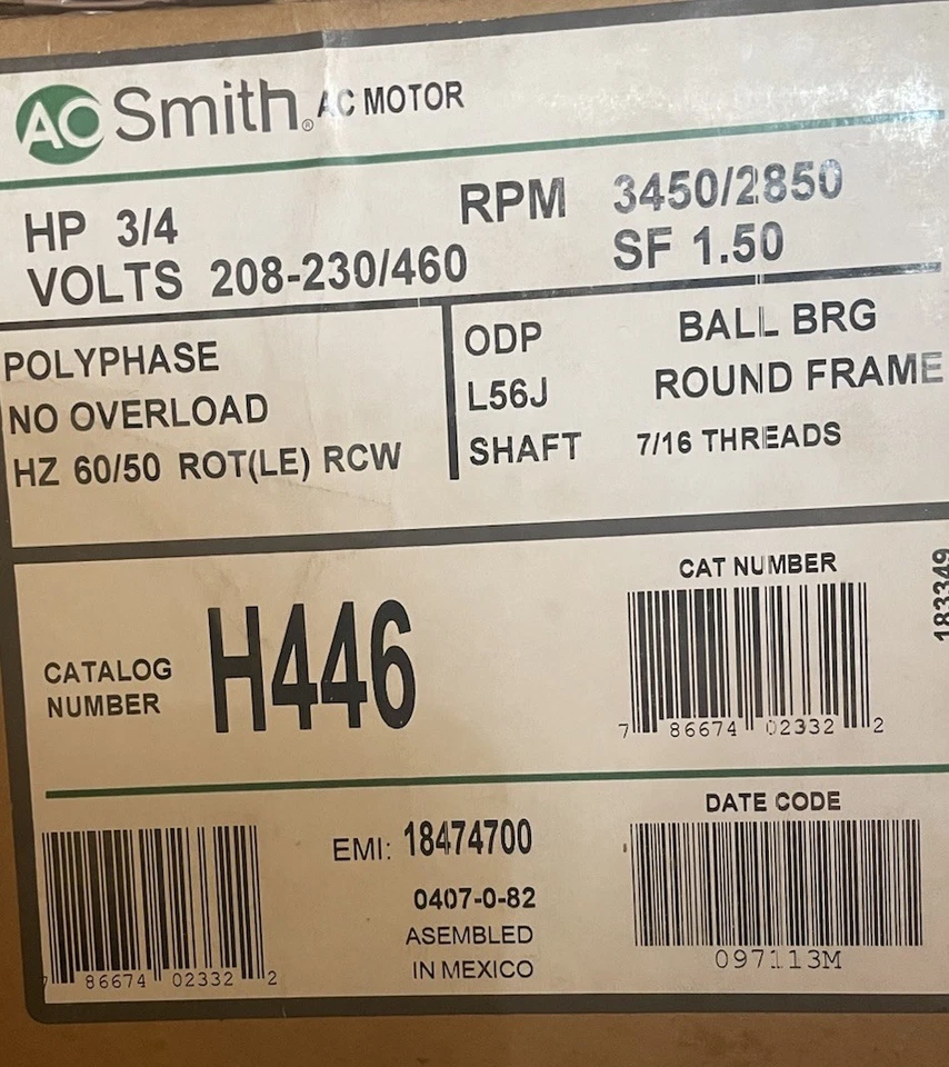 A.O. Smith H446 56 Frame 3/4 HP, 208-230/460 Volts, Electric Motor, 3450 RPM - Image 1 of 1