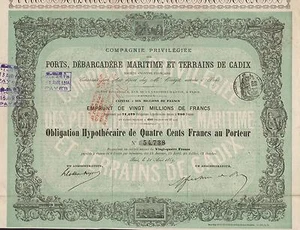 FRANCE CADIX MARITIME LANDING PORTS stock certificate 1869 - Imagen 1 de 1
