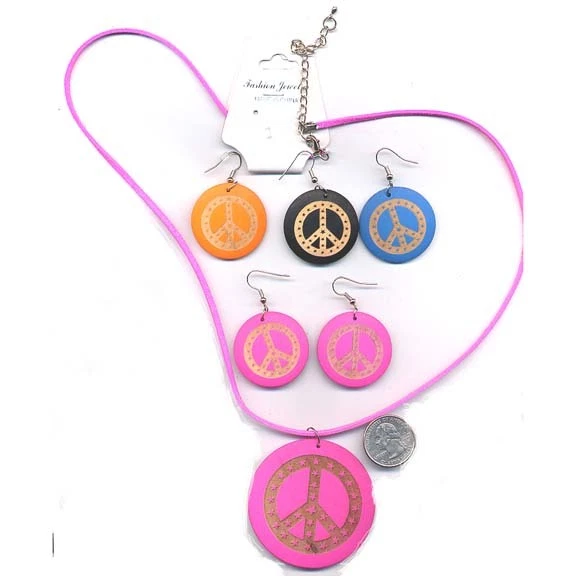 60's Necklace & Earring Set Painted Wood Groovy Peace Symbol Costume Jewelry Set - Image 1 of 1