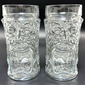 2 Vintage Anchor Hocking Double Sided Screaming Tiki Highball Glasses 6.5"x3" - Picture 1 of 5