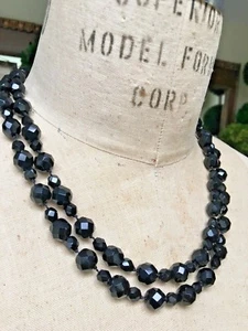 French Faceted Black Jet Beads Necklace VTG ESTATE - Picture 1 of 10