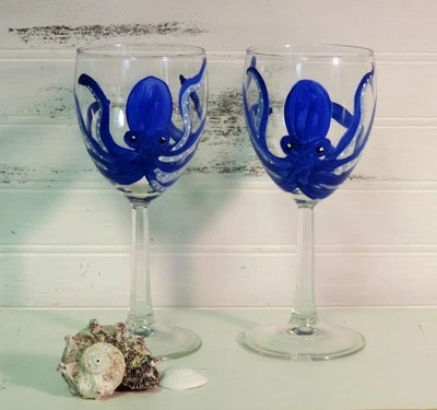 Custom Hand Painted Blue Octopus Wine Glasses, Set Of Two, Beachy Gift, Nautical - Image 1 of 2