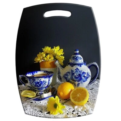 STPGOODS Lemons and Gzhel Wood Cutting Board Serving Board 8.25"x11.5" - Image 1 of 3