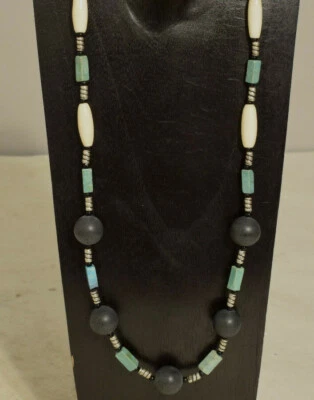Necklace Chinese Turquoise Bone Black Bead Necklace - Image 1 of 2