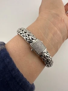 RETIRED John Hardy Silver Pavé Diamond 13MM Classic Chain Wheat Bracelet Medium - Picture 1 of 11