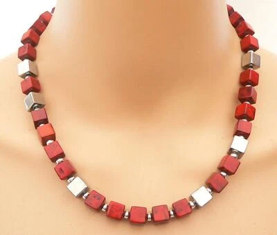 Würfelkette Halskette  Cube Hämatit silber Howlith Rot Dunkelrot Weinrot 456s - Bild 1 von 4