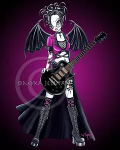 Leslie Gothic Black Beauty Guitar Pink Fairy CANVAS Embellished ACEO Myka Jelina - Bild 1 von 2