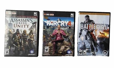 PC Games Lot of 3 - Assassin’s Creed Unity/Farcry4 LE/Battlefield 4 w/ Expansion - Image 1 of 4