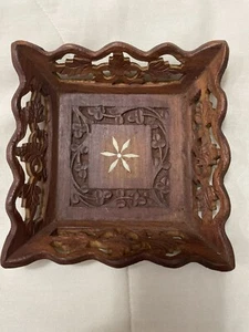 Vintage Teak geschnitztes Holz quadratische Schmuckschale - Bild 1 von 4