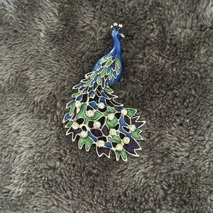 Vintage Enamel Guilloche Rhinestone Peacock Brooch Silver Green Blue 2.5 in - Picture 1 of 2