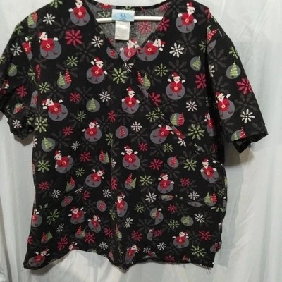 SB Scrubs Scrub XL Top Christmas Santa Clause Snow Flakes Trees Vet Peds Dentist - Image 1 of 4