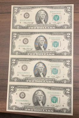 UNCUT SHEET OF 4 FOUR 1976 Two Dollar Bill Star Federal Reserve Notes - Image 1 of 2