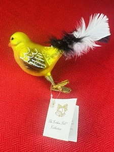Vtg NOS Golden Bell Clip-On Bird Ornament Glass Feathers Czech Yellow 4” - Picture 1 of 8