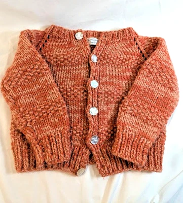 Handmade Knit Cardigan Sweater Kid’s Orange Wool Blend Cottagecore Heirloom Vint - Image 1 of 4