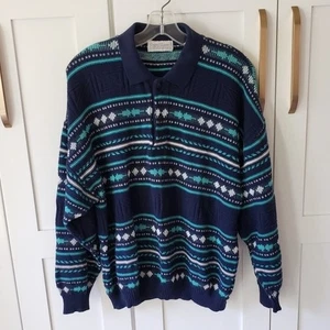 VTG Fisherman Sweater Mens L Blue Polo Knit Les Jacqueunes Made in Italy Shirt - Picture 1 of 6