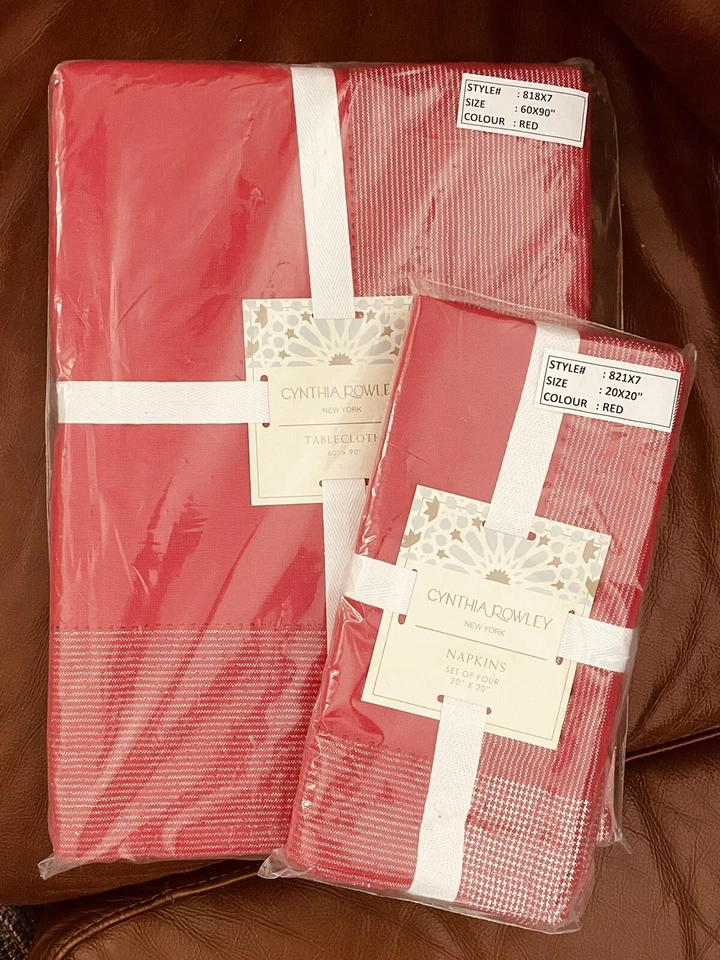 NEW! CYNTHIA ROWLEY Red Holiday Festiv Tablecloth Napkins Set Silver 60”x90” NWT - Image 1 of 4