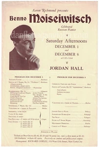 Benno Moiseiwitsch handbill flyer piano pianist Jordan Hall Boston - Picture 1 of 1