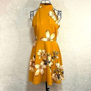 MINE Sun Dress Womens L Bare Shoulders High Neck Gold Floral Beach Cruise Vaca - Picture 1 of 12