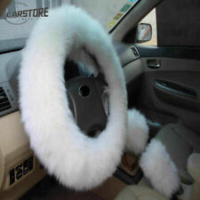 Long Furry Steering Wheel Cover Shifter Cover and Parking Brake Cover white