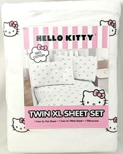 Hello Kitty XL Twin Sheet Set 3 Piece Pink Bows 100% Cotton By Sanrio - Picture 1 of 7