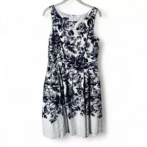 Talbots Women's Blue White Rose Floral Jacquard Lined Pleated Swing Dress Sz. 8 - Picture 1 of 8