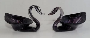 Set Of 2 Blown Glass Swan Dishes Purple Matching Pair  - Picture 1 of 11