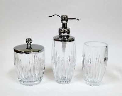 3 PC Set Cristallino Vetro Sapone Dispenser + Argento,Cromo Tono Pompa + - Immagine 1 di 4