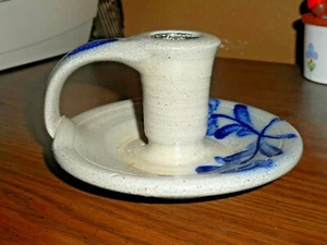 Handmade Rowe Pottery Works Cambridge Folk Art Decorated Blue Candle Holder 1992 - Picture 1 of 12