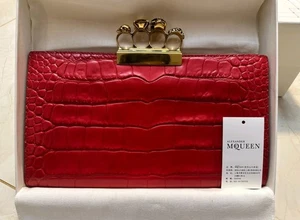 Alexander McQueen Red Croc Embossed Leather Jeweled Skull Knuckle Clutch - Picture 1 of 8
