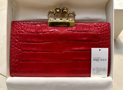Alexander McQueen Red Croc Embossed Leather Jeweled Skull Knuckle Clutch - Image 1 of 4