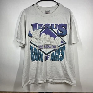 90s Jesus T-Shirt Made in USA Mount Rushmore Oneita Rock of Ages Vintage Mens XL - Afbeelding 1 van 16