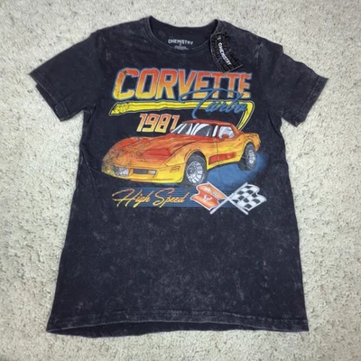 Camiseta gráfica Chemistry Corvette 1987 preta lavagem ácida carro de corrida pequena nova com etiquetas - Imagem 1 de 4
