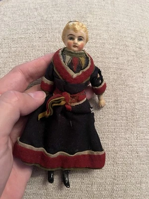 Antique Glazed Bisque 6” Doll Rare Orig Folk Costume Black Boots Doll Dollhouse - Image 1 of 4