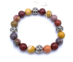 Bracciale unisex fatto a mano 10 mm pietra preziosa mookaite e perle argento .925 Bali  - Foto 1 di 4