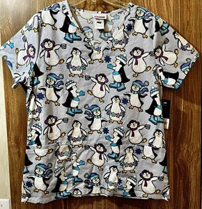 Scrubstar Penguins 🐧 Christmas Holiday Scrub Top Size Medium Men Women Unisex - Picture 1 of 4