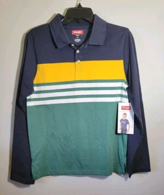 Wrangler Casual Fit Boys Size 18 Polo Shirt Long Sleeve Striped Navy NWT  - Image 1 of 4