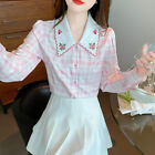 Elegant Women Long Sleeve V Neck Button Plaid Embroidered Sweet Shirt Blouse Top