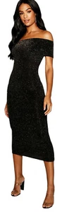 BOO HOO On/Off Shoulder Bodycon Dress 10Tall NWT Black Gold Shimmer Midi Stretch - Picture 1 of 6
