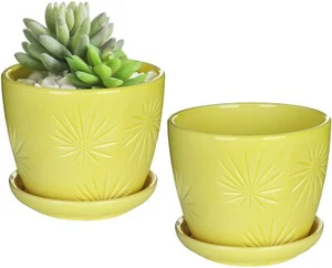 Juego MyGift de 2 macetas para macetas de cerámica con platillos con diseño de ráfaga solar amarilla - Imagen 1 de 5