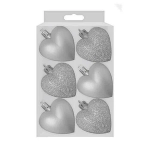 6 Heart Shaped Silver Glitter Matt Xmas Bauble Decor Tree Party Ornament Love - Bild 1 von 3