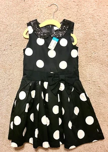NWT The Children’s Place Girls Holiday Party Dress Polka Dot Sequins Bow 6X/7 - Picture 1 of 6