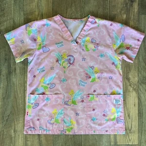 Disney Tinkerbell Scrub Top- S Medical Shirt- Size Small- Pink V-neck Peter Pan - Picture 1 of 12