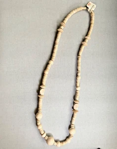 VINTAGE 28” NEUTRAL LIGHT GRAIN WOOD ROUND & FLAT DISC BEADS NECKLACE UNISEX - Bild 1 von 4