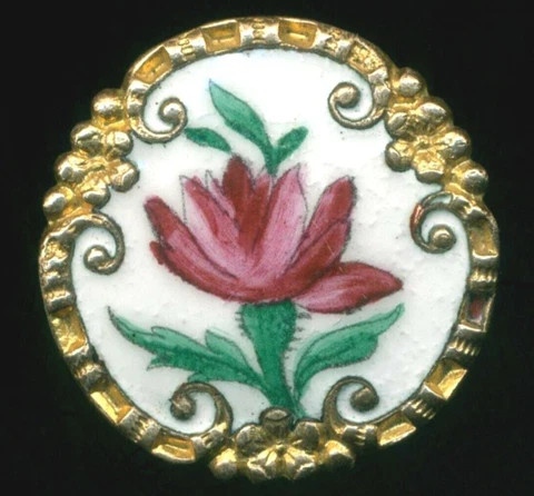 Enamel Antique Button…Unusual Shape with Floral Border…15/16" Cover
