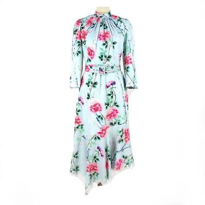 Andrew Gn Blue Multicolor Floral Asymmetrical High Neck Dress 40 Belted Midi - Image 1 of 4