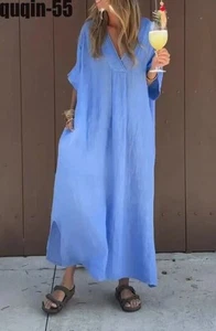Women V Neck Linen Cotton Pocket Summer Casual Baggy Kaftan Maxi Dress Plus 8-26 - Picture 1 of 16
