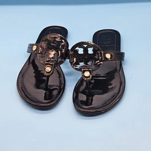 Tory Burch Logo Sparkle Miller Black Patent Leather Sandals Size 8 M No Box !!!! - Picture 1 of 4