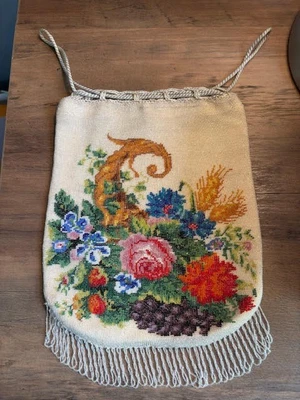 Bolso Cartera Art Deco Malla Esmalte con Cuentas Era Aleta Cordón Floral De Colección Foto 1 de 3