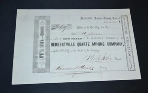 Herbertville Quartz Mining Company 1855 stock certificate – Amador County Califo - Picture 1 of 1