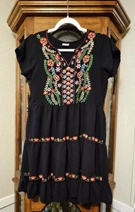 Shoreline Floral Embroidered Black Tiered Summer Dress Size M Made in India - Picture 1 of 11